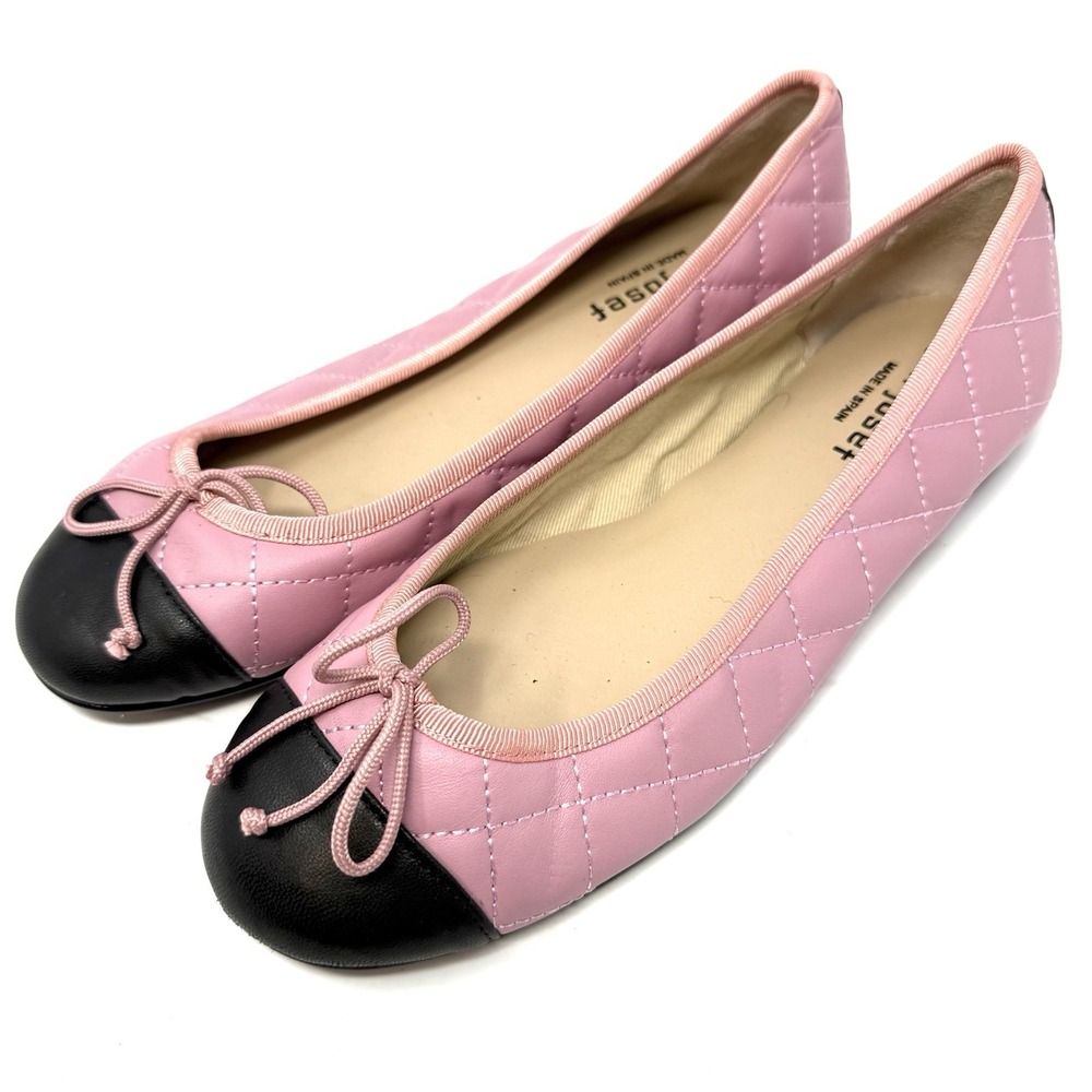 Jon Josef‎ Belle Ballet Flat Shoes Pink Quilted Leather Black Cap Toe Patent 6M
